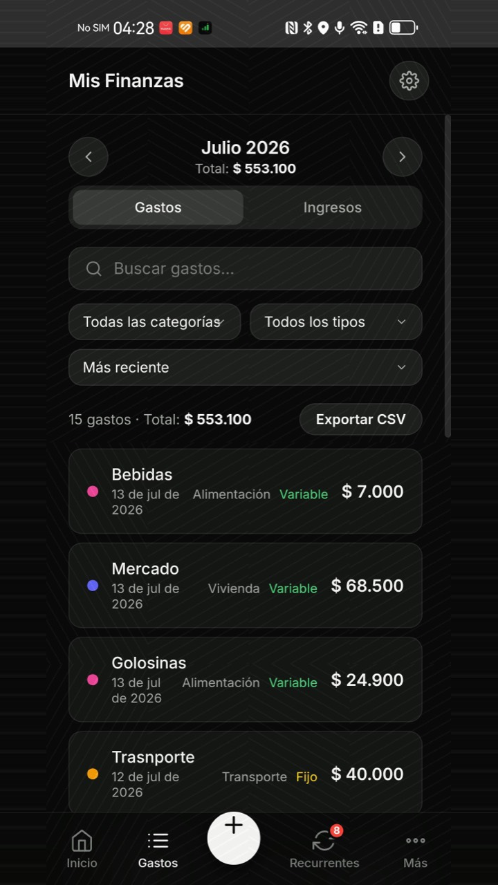Lista de gastos con búsqueda, filtros y totales