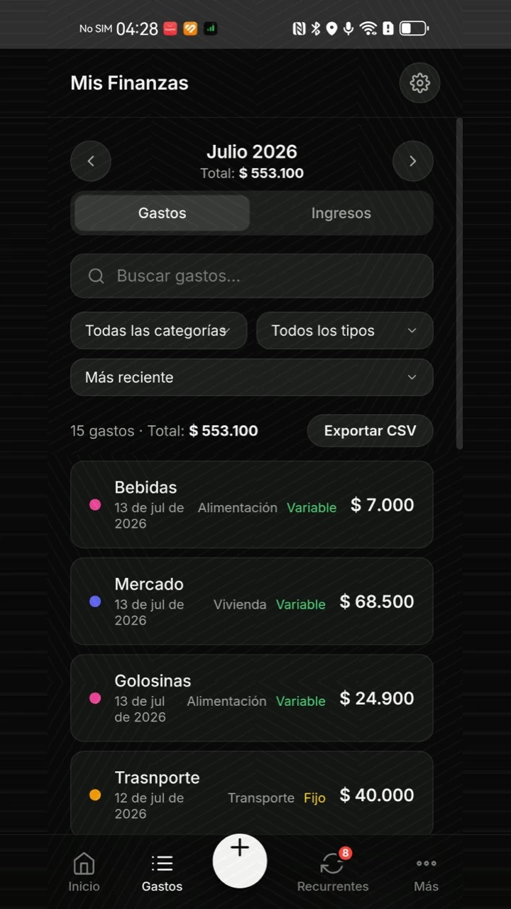 Lista de gastos con búsqueda, filtros y totales