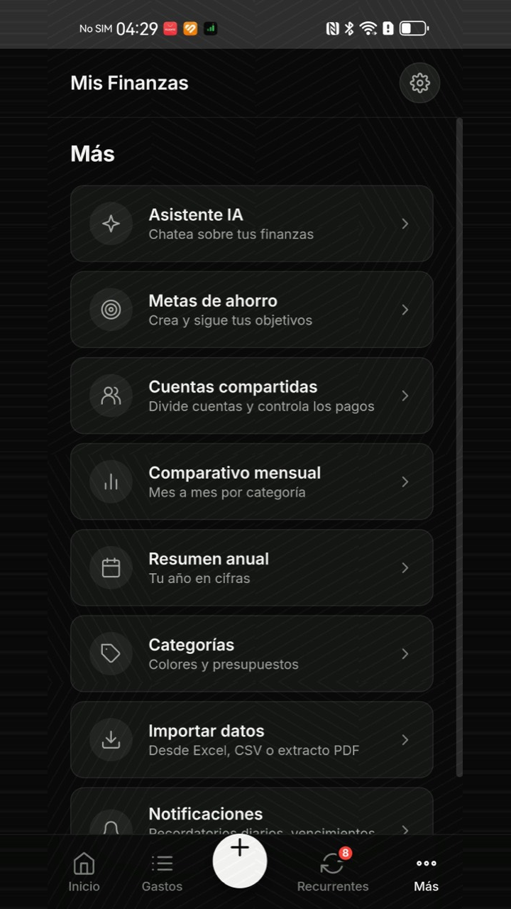 Menú Más con funciones de análisis, gestión y datos