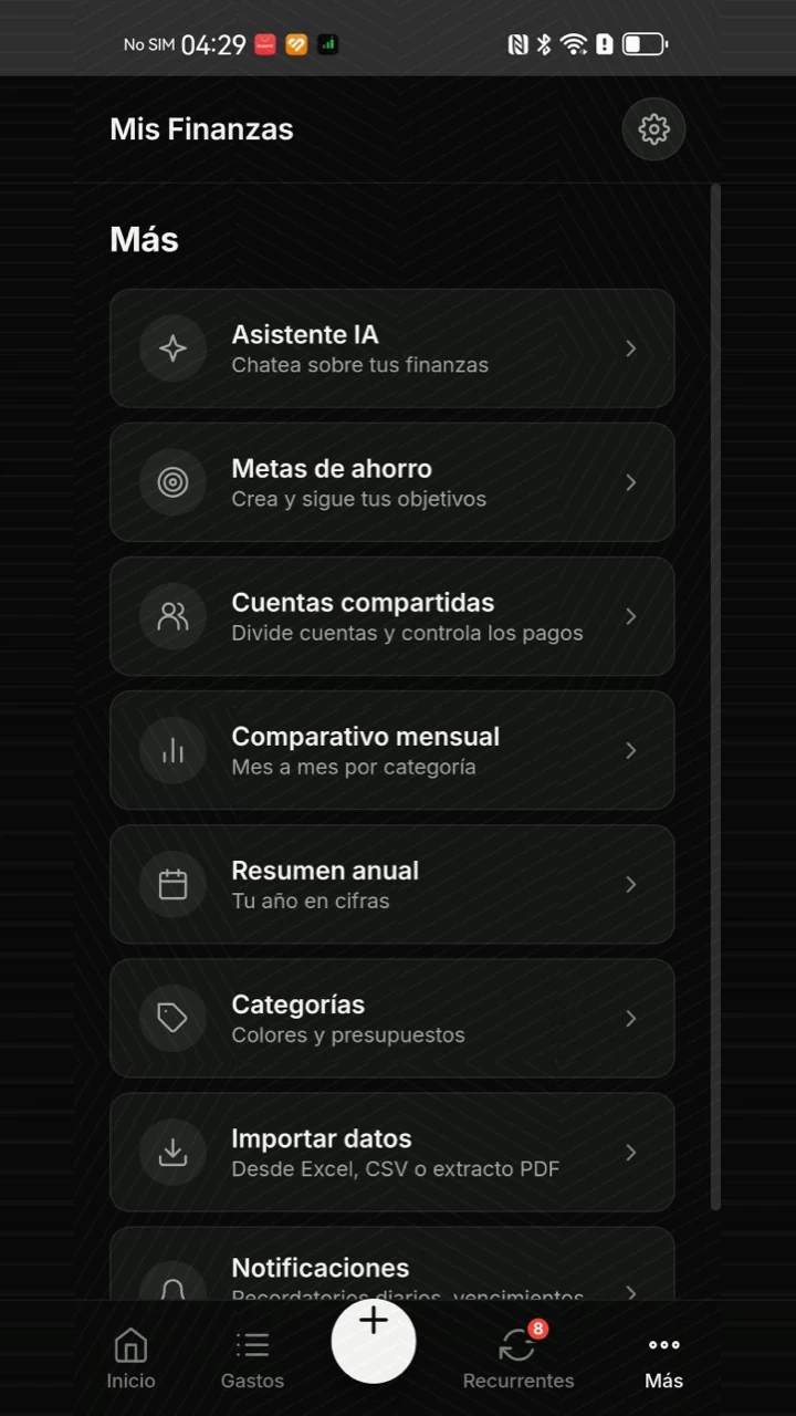 Menú Más con funciones de análisis, gestión y datos