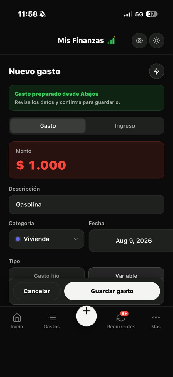 Formulario de Mis Finanzas preparado desde Atajos